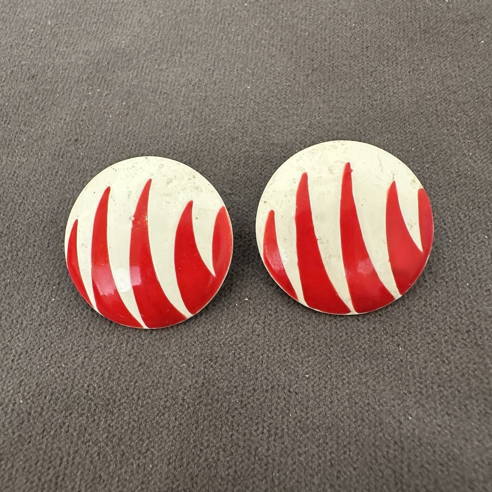 Vintage Red White Metal Earrings 80s Round Button Style Post
